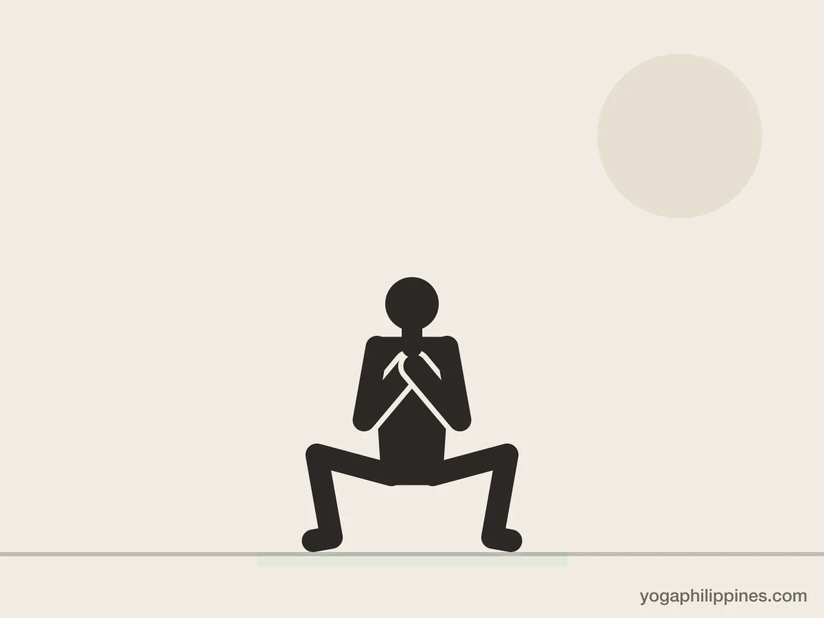 Line drawing of Garland Pose (Malasana), front view, the full pose on a yoga mat