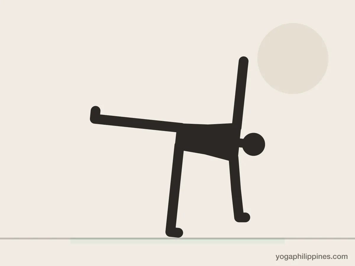 Line drawing of Half Moon Pose (Ardha Chandrasana), front view, the full pose on a yoga mat