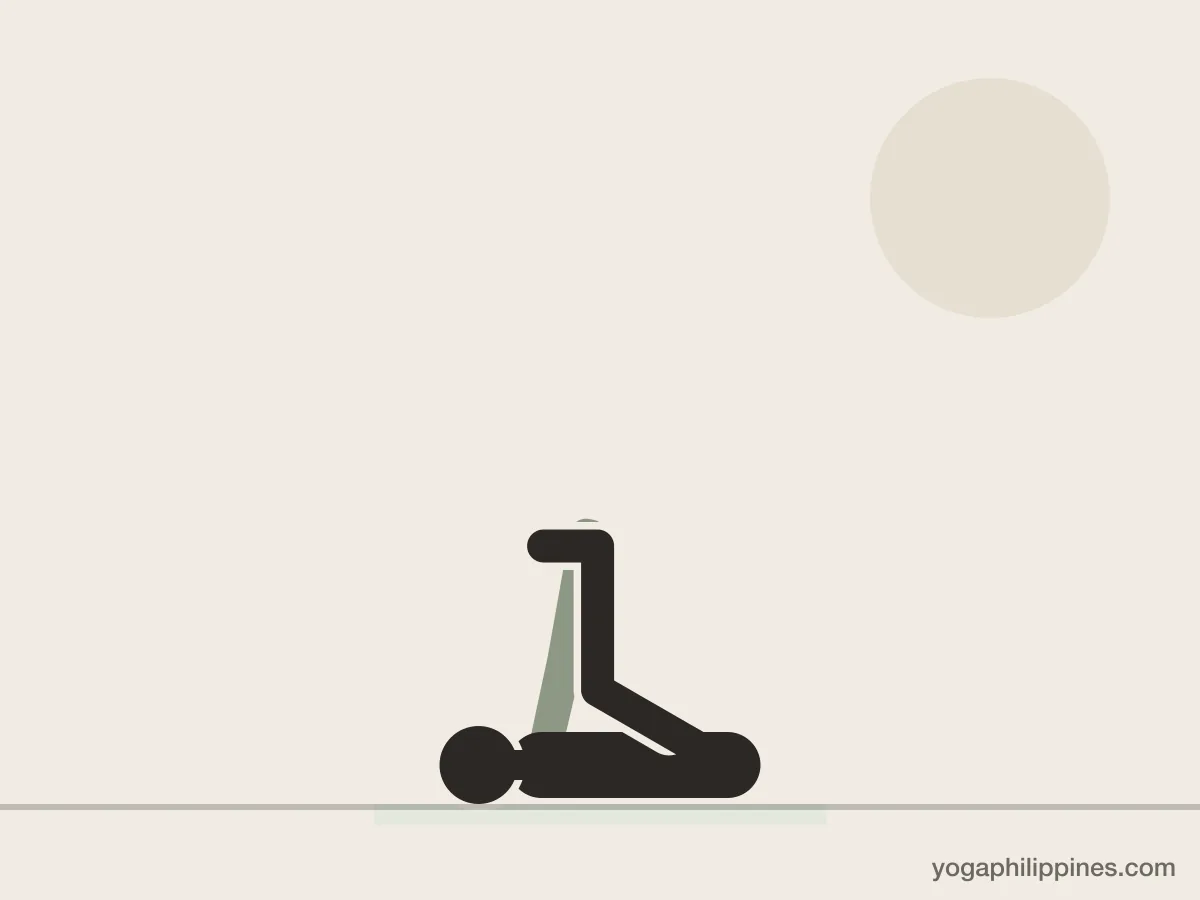 Line drawing of Happy Baby Pose (Ananda Balasana), side view, the full pose on a yoga mat