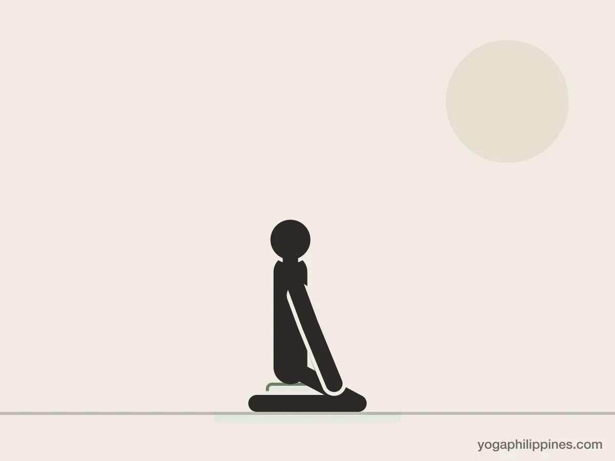 Line drawing of Hero Pose (Virasana), side view, the full pose on a yoga mat
