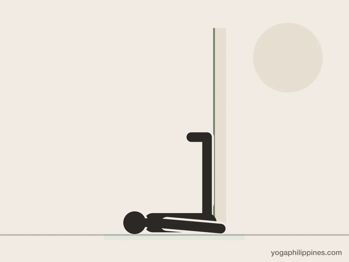 Line drawing of Legs Up the Wall (Viparita Karani), side view, the full pose on a yoga mat