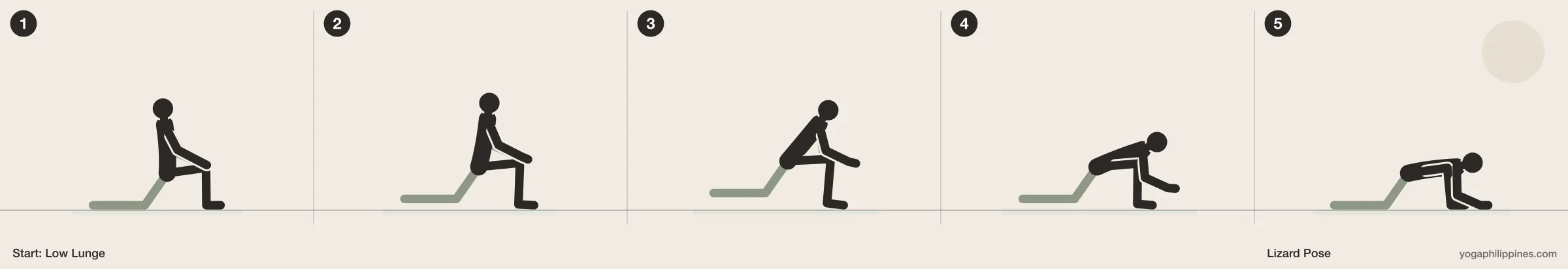 Lizard Pose (Utthan Pristhasana) step by step: 5 numbered line drawings moving from Low Lunge into the full pose