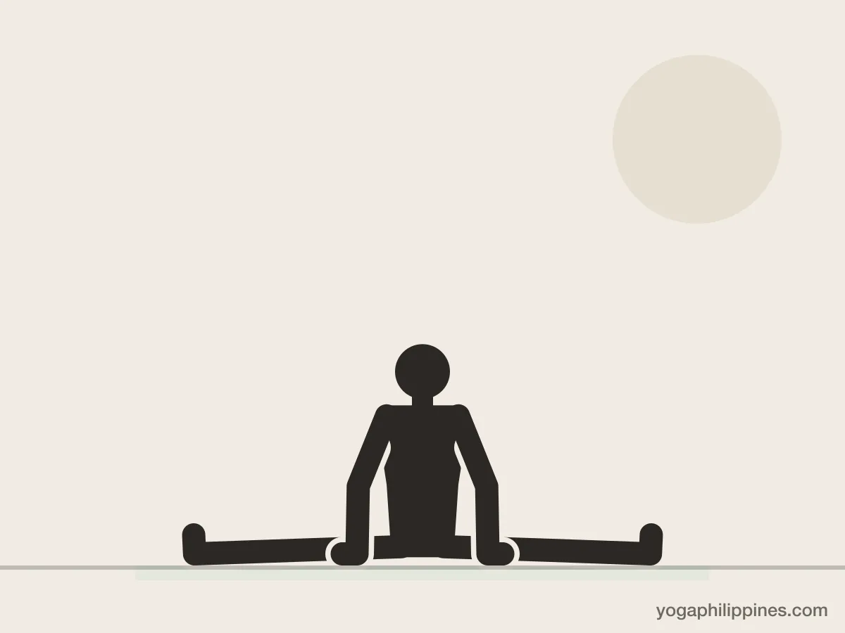 Line drawing of Middle Splits (Samakonasana), front view, the full pose on a yoga mat