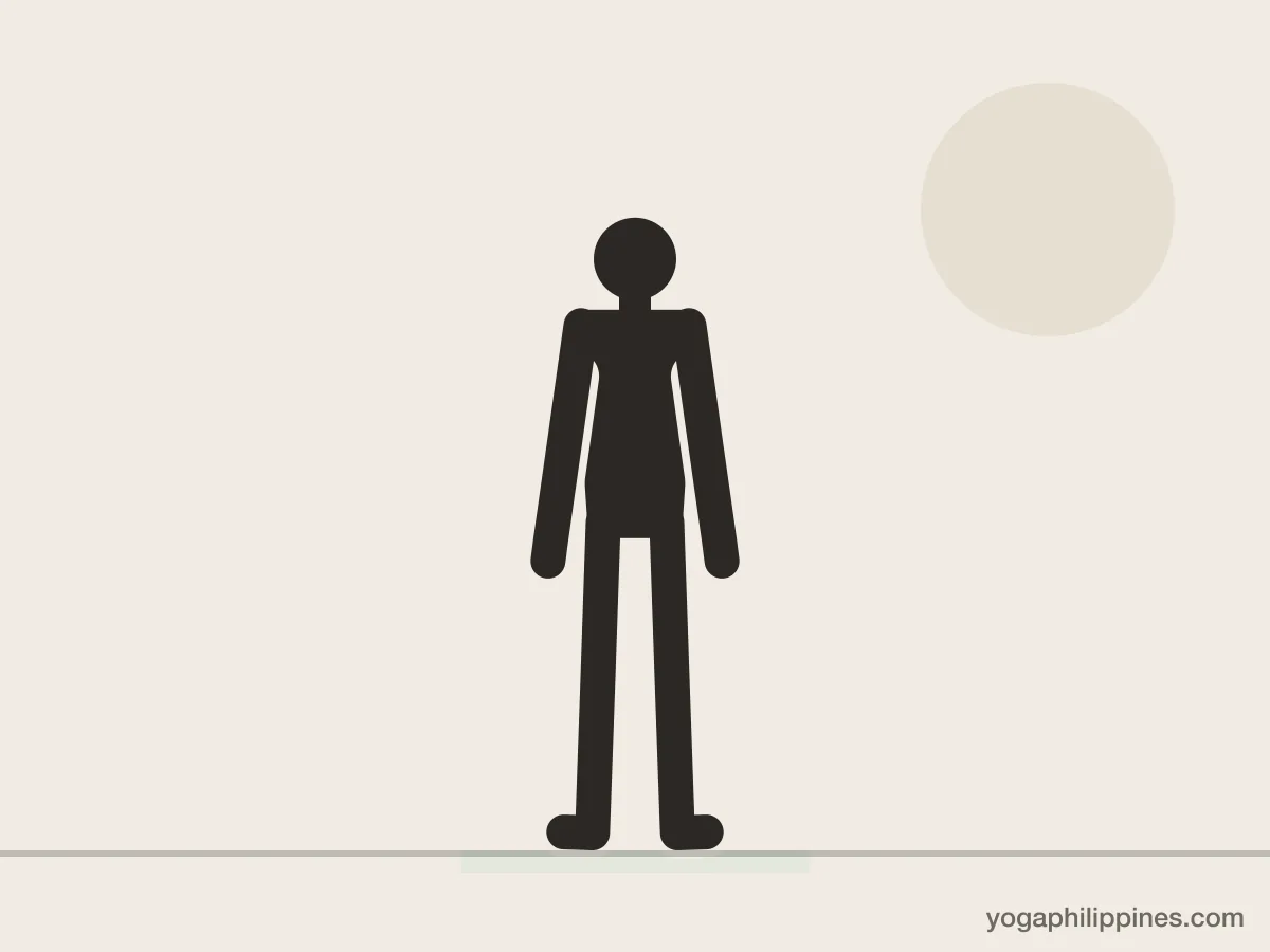 Line drawing of Mountain Pose (Tadasana), front view, the full pose on a yoga mat
