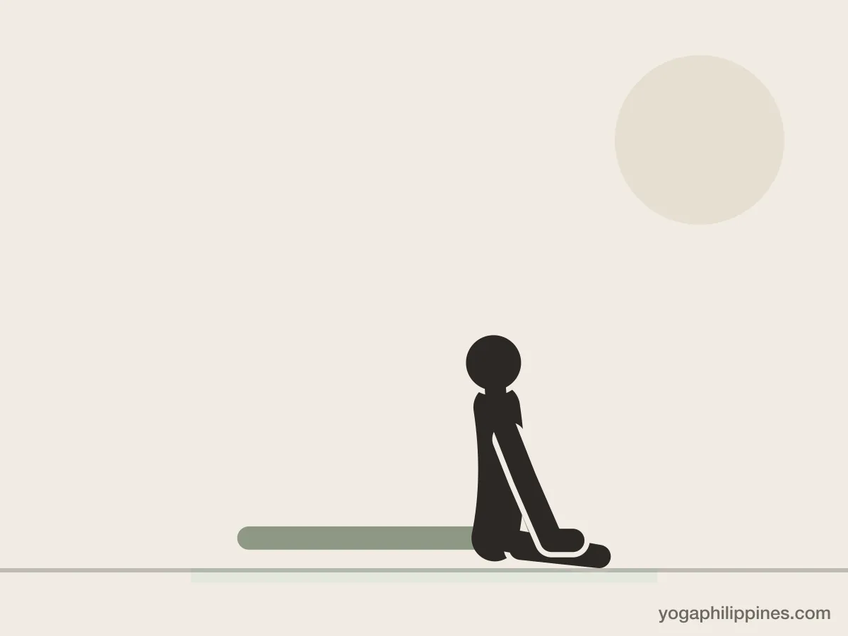 Line drawing of Pigeon Pose (Eka Pada Rajakapotasana), side view, the full pose on a yoga mat