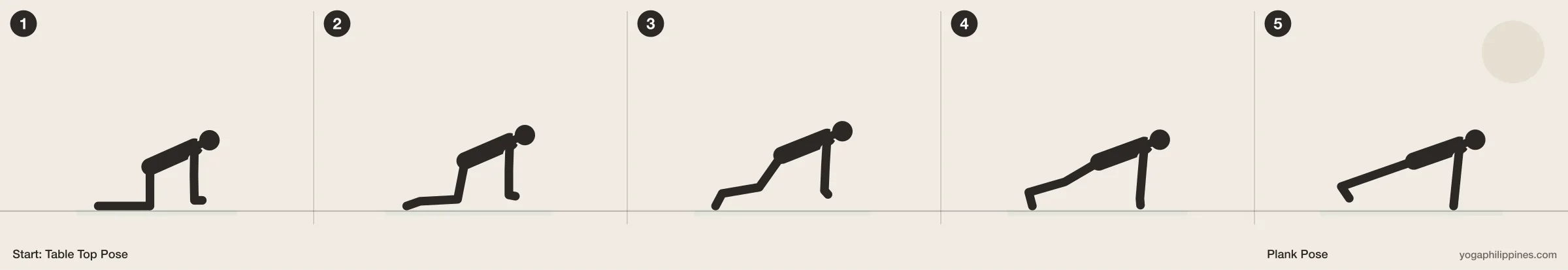 Plank Pose (Phalakasana) step by step: 5 numbered line drawings moving from Table Top Pose into the full pose