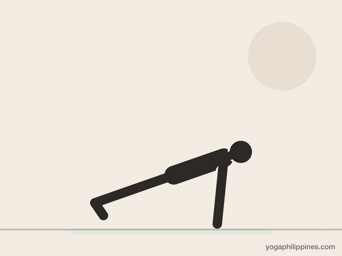 Line drawing of Plank Pose (Phalakasana), side view, the full pose on a yoga mat