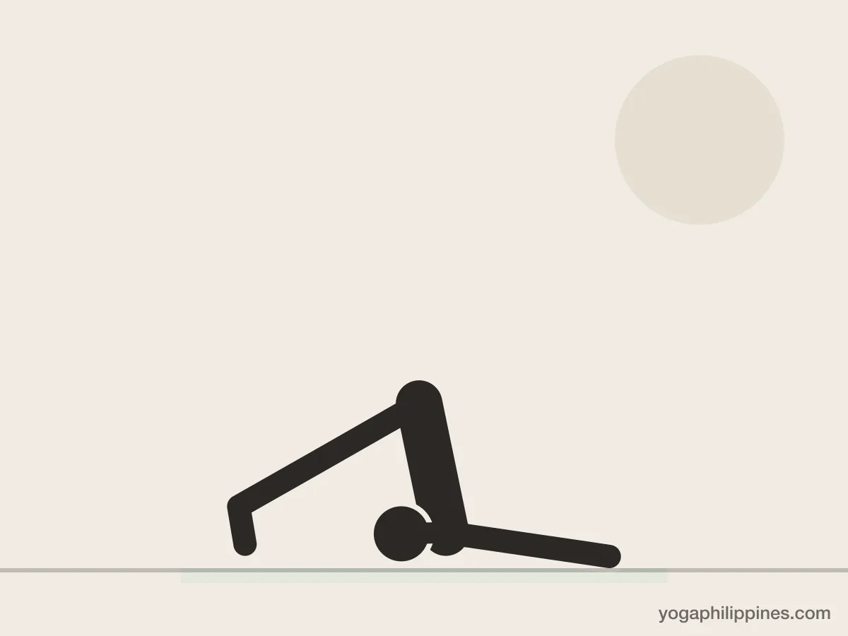 Line drawing of Plow Pose (Halasana), side view, the full pose on a yoga mat