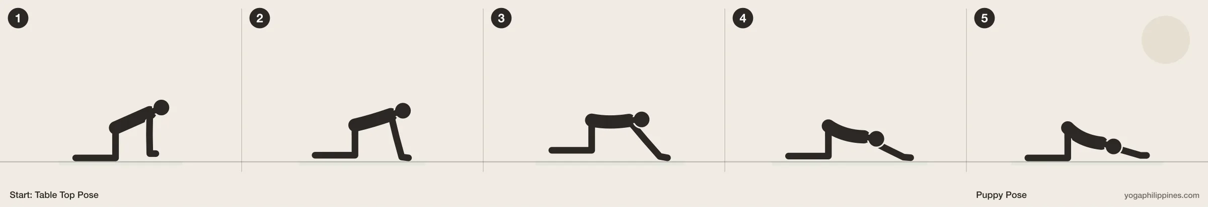 Puppy Pose (Uttana Shishosana) step by step: 5 numbered line drawings moving from Table Top Pose into the full pose