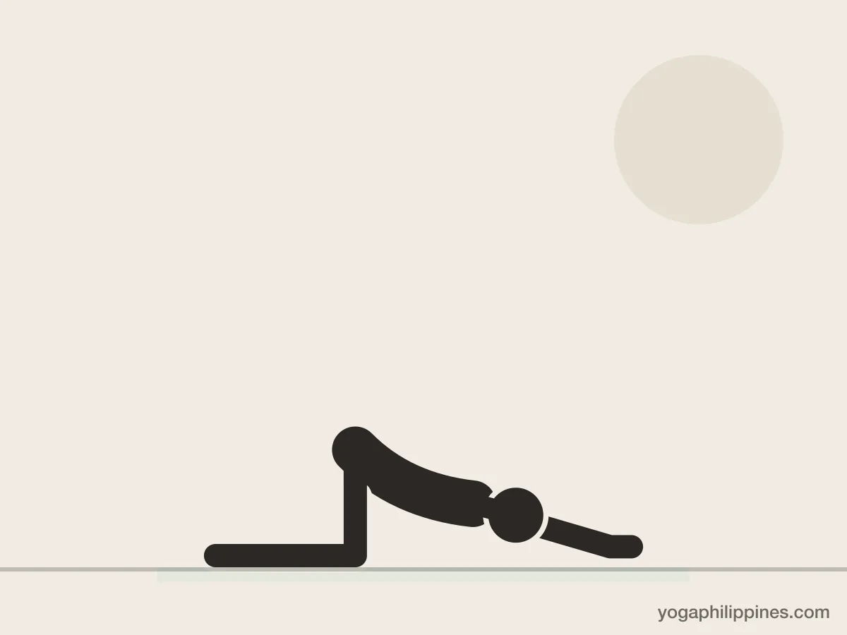 Line drawing of Puppy Pose (Uttana Shishosana), side view, the full pose on a yoga mat