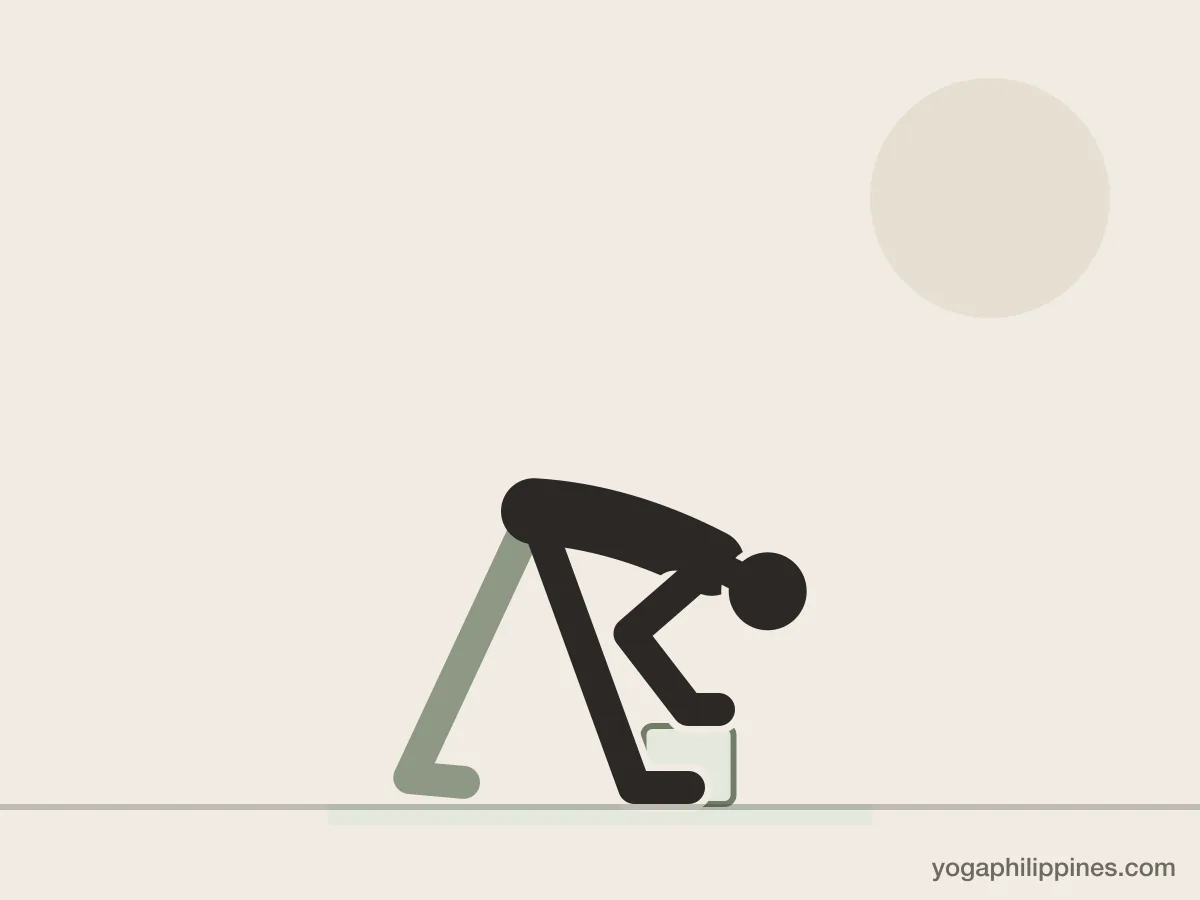 Line drawing of Pyramid Pose (Parsvottanasana), side view, the full pose on a yoga mat