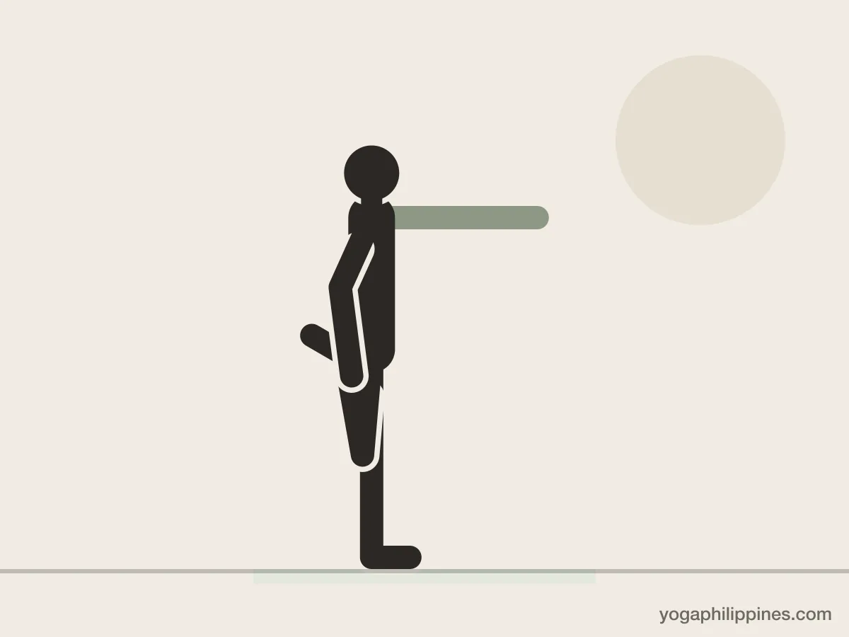 Line drawing of Standing Quad Stretch, side view, the full pose on a yoga mat