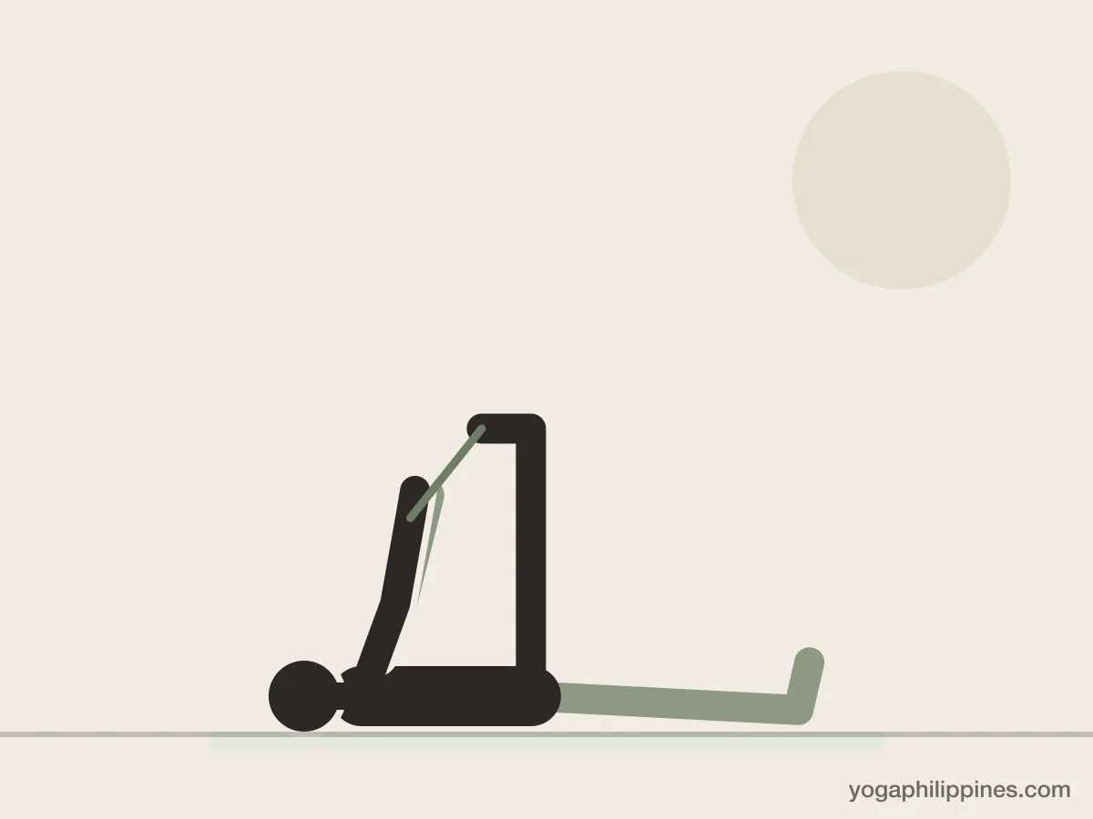 Line drawing of Reclined Hand to Big Toe Pose (Supta Padangusthasana), side view, the full pose on a yoga mat