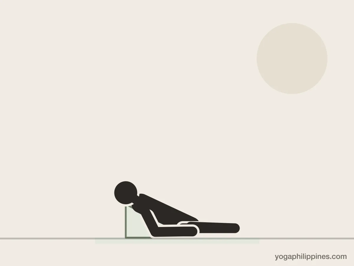 Line drawing of Reclined Hero Pose (Supta Virasana), side view, the full pose on a yoga mat