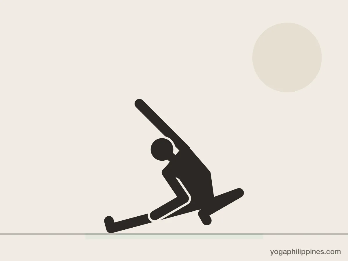 Line drawing of Revolved Head to Knee Pose (Parivrtta Janu Sirsasana), front view, the full pose on a yoga mat