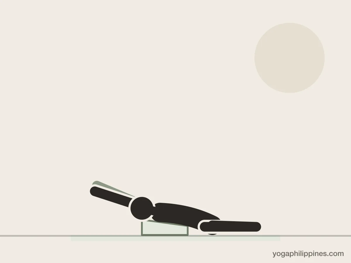 Line drawing of Saddle Pose (Supta Vajrasana), side view, the full pose on a yoga mat