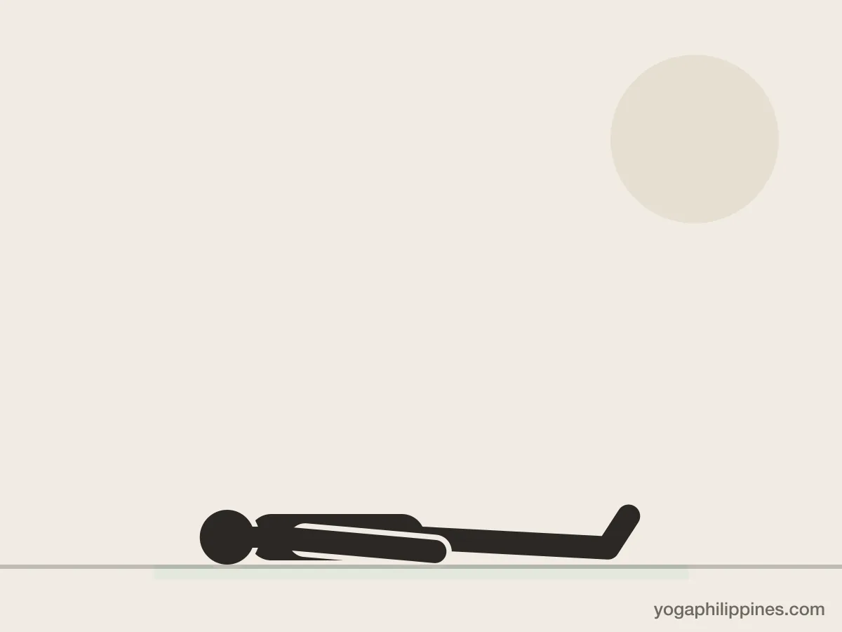 Line drawing of Corpse Pose (Savasana), side view, the full pose on a yoga mat