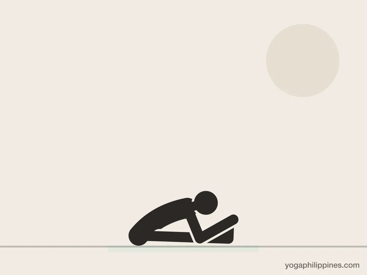 Line drawing of Seated Forward Bend (Paschimottanasana), side view, the full pose on a yoga mat