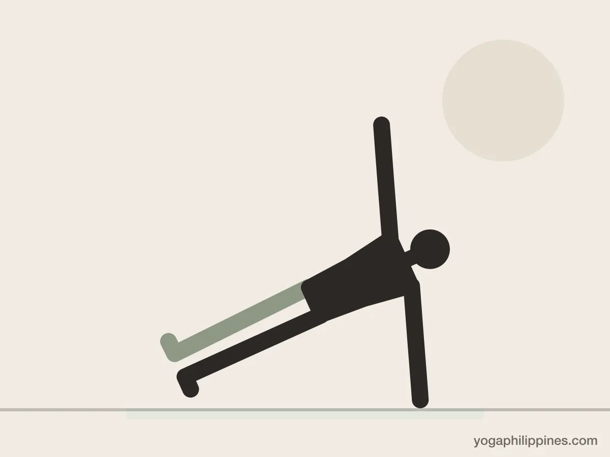 Line drawing of Side Plank (Vasisthasana), front view, the full pose on a yoga mat