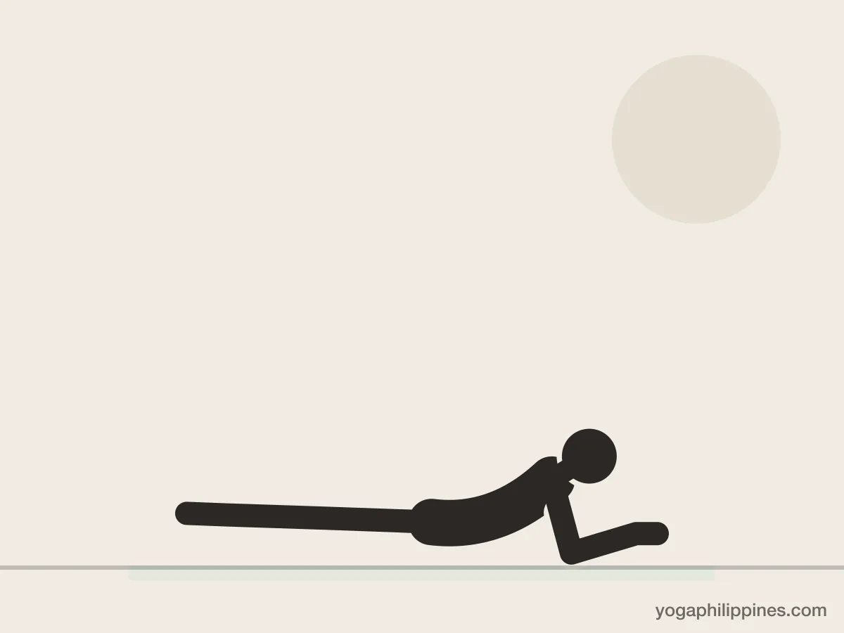 Line drawing of Sphinx Pose (Salamba Bhujangasana), side view, the full pose on a yoga mat