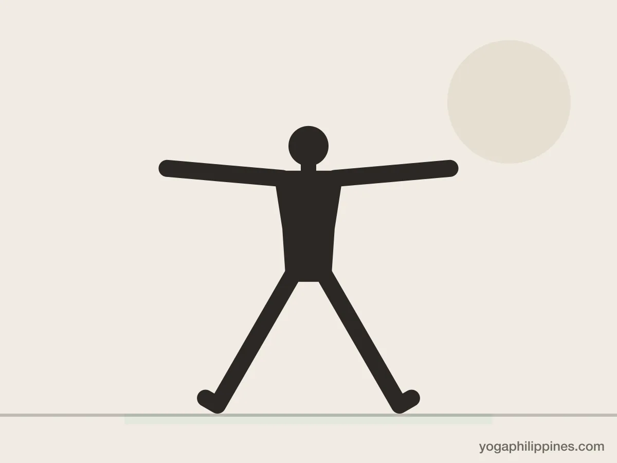 Line drawing of Star Pose (Utthita Tadasana), front view, the full pose on a yoga mat