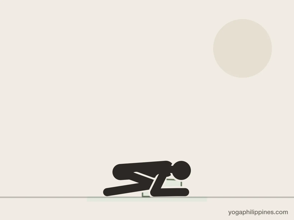 Line drawing of Supported Child's Pose (Salamba Balasana), side view, the full pose on a yoga mat