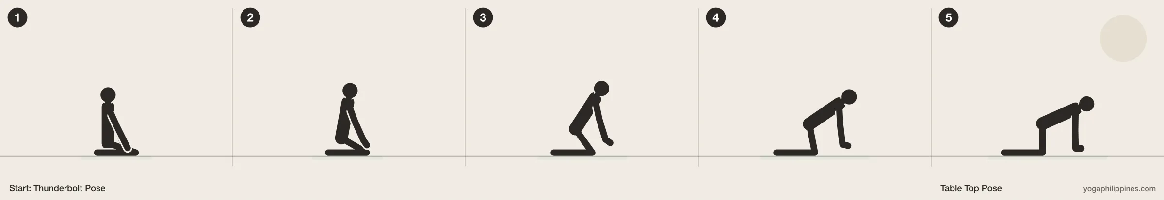 Table Top Pose (Bharmanasana) step by step: 5 numbered line drawings moving from Thunderbolt Pose into the full pose