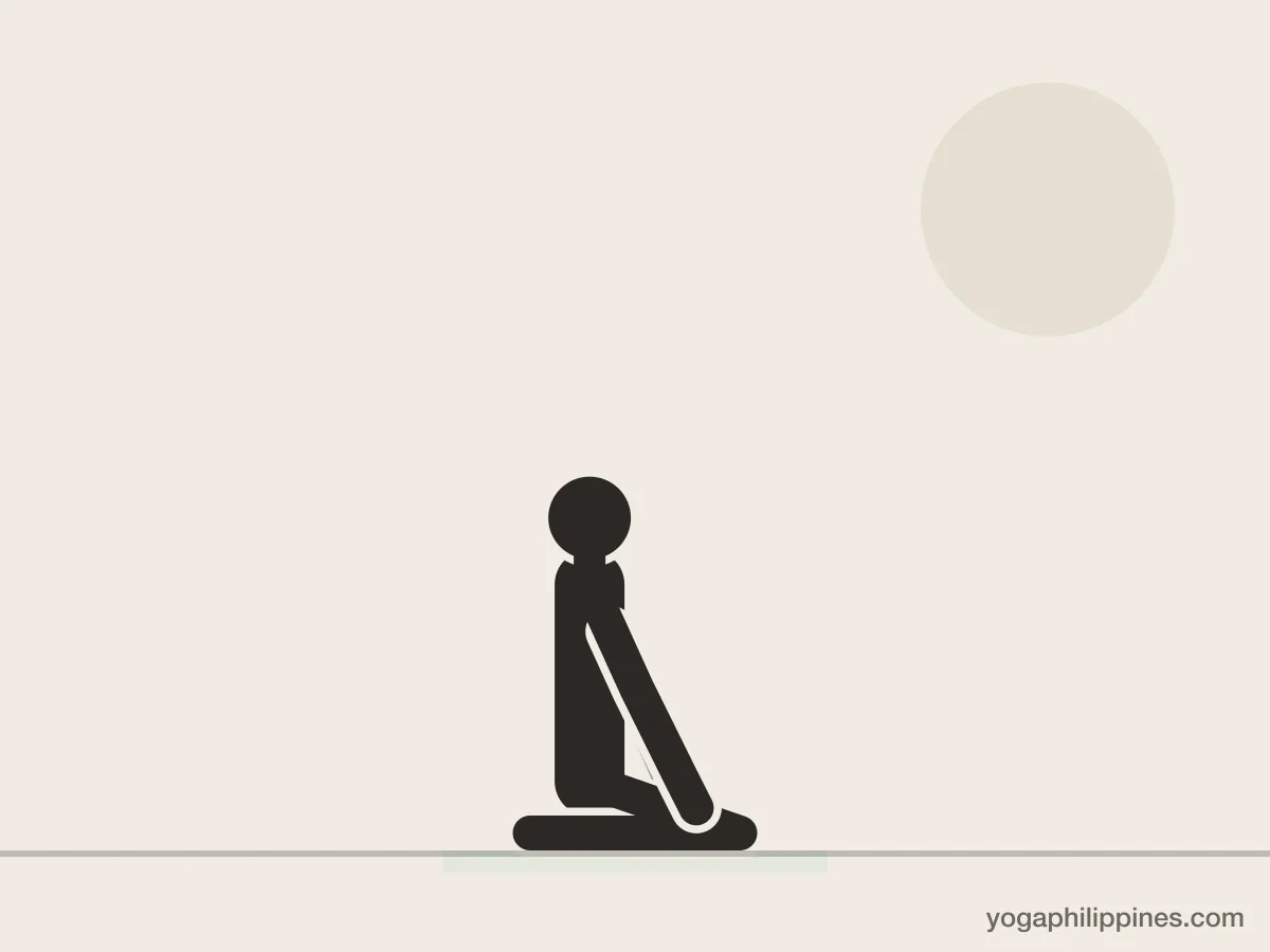 Line drawing of Thunderbolt Pose (Vajrasana), side view, the full pose on a yoga mat