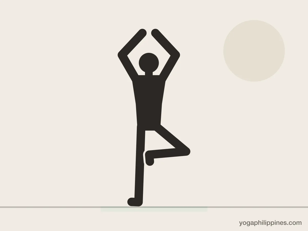 Line drawing of Tree Pose (Vrksasana), front view, the full pose on a yoga mat