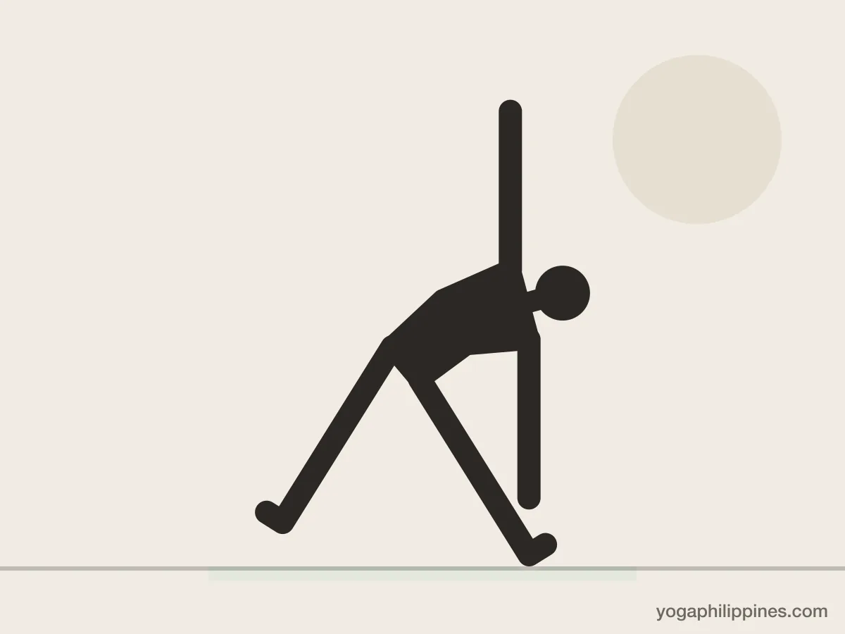 Line drawing of Triangle Pose (Trikonasana), front view, the full pose on a yoga mat