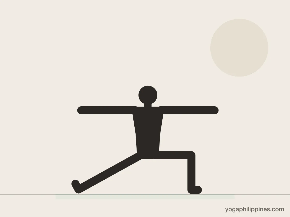 Line drawing of Warrior II (Virabhadrasana II), front view, the full pose on a yoga mat