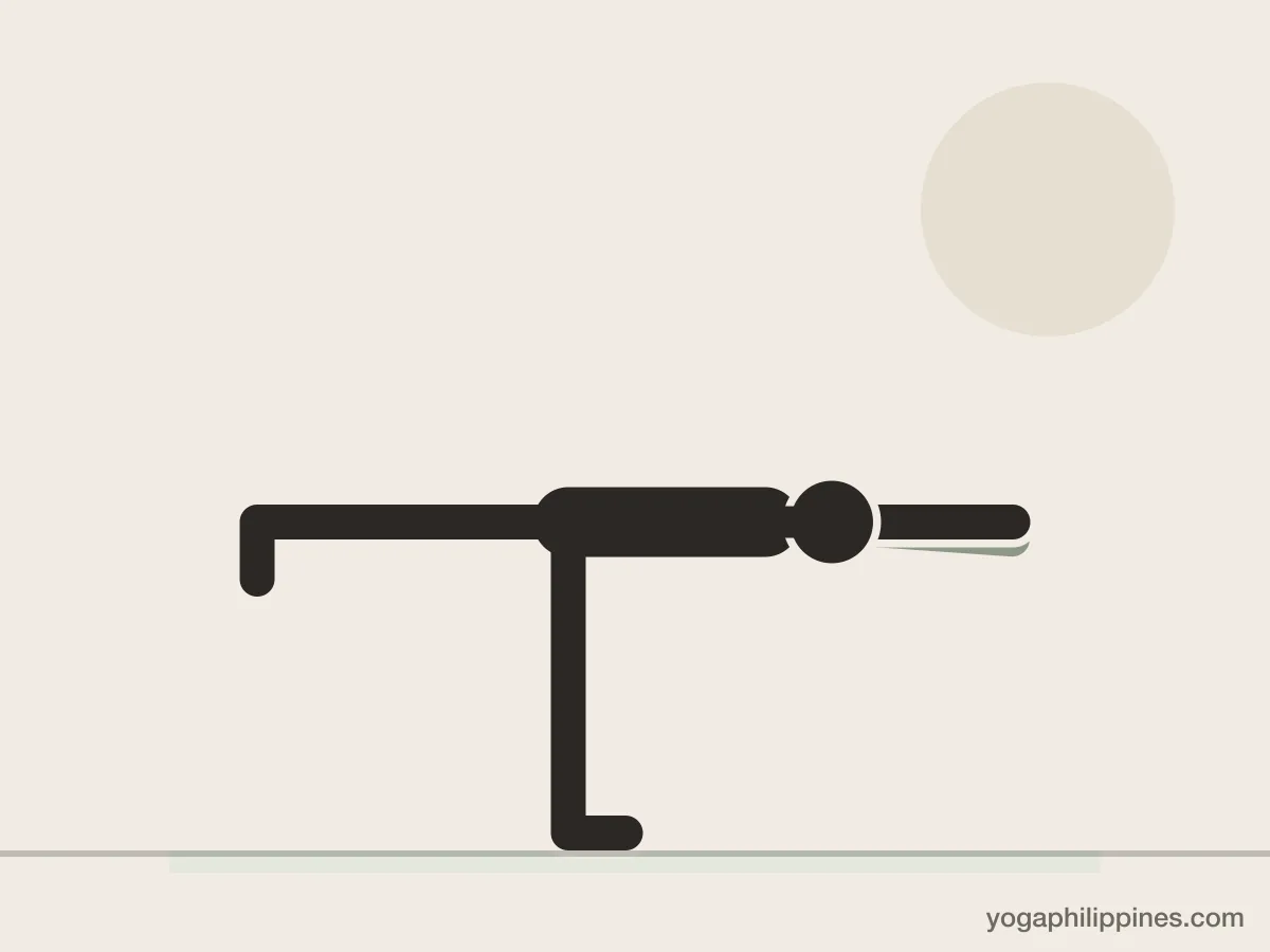 Line drawing of Warrior III (Virabhadrasana III), side view, the full pose on a yoga mat