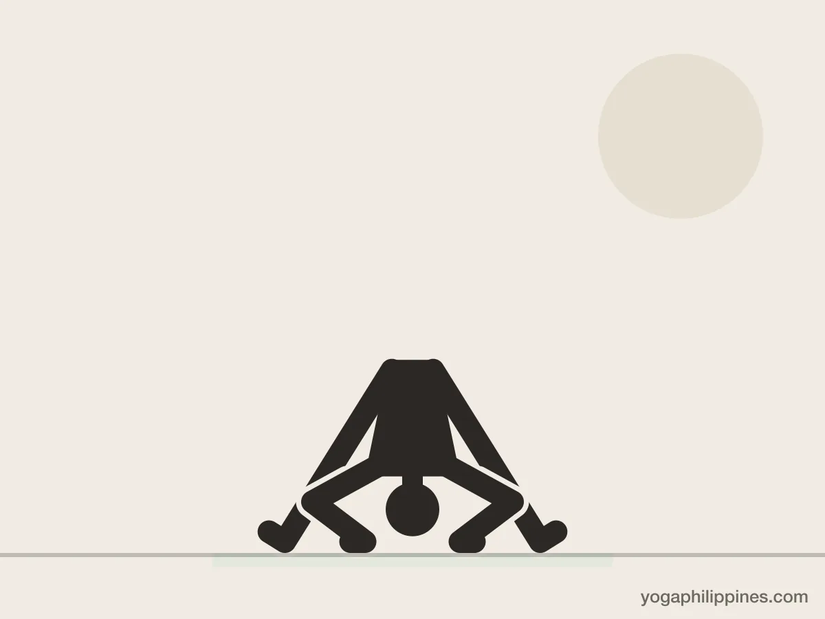 Line drawing of Wide Legged Forward Bend (Prasarita Padottanasana), front view, the full pose on a yoga mat