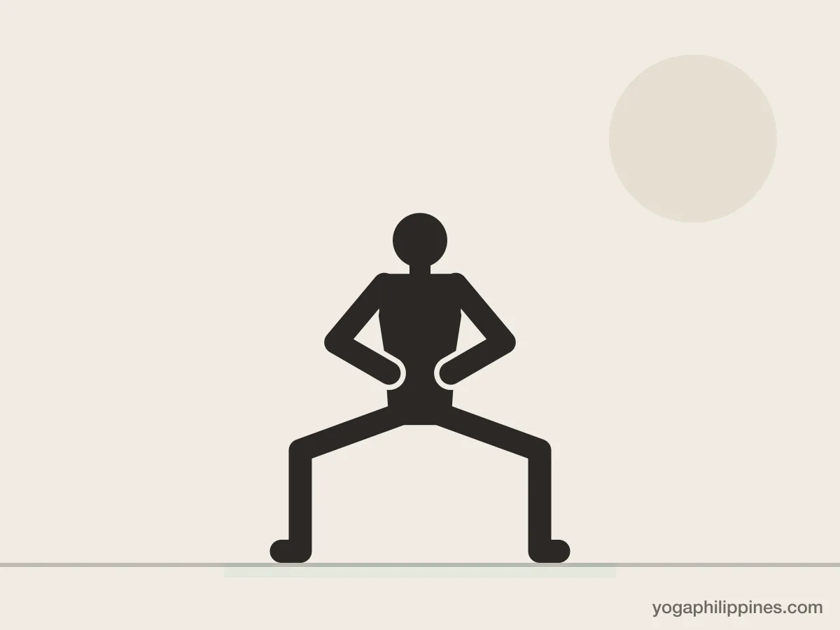 Line drawing of Wide Squat Pose (Utkata Konasana), front view, the full pose on a yoga mat