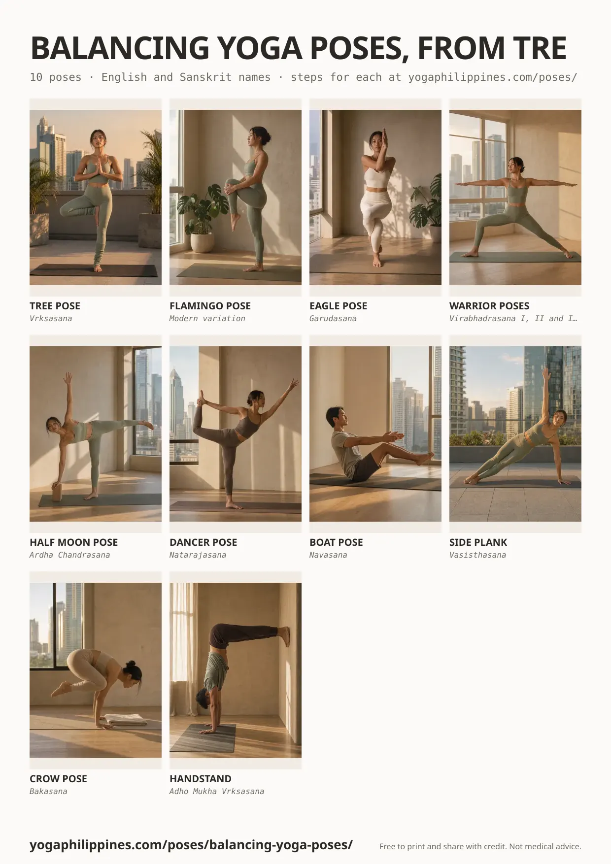 Printable A4 chart: Balancing yoga poses, from Tree to Crow, 10 poses with English and Sanskrit names