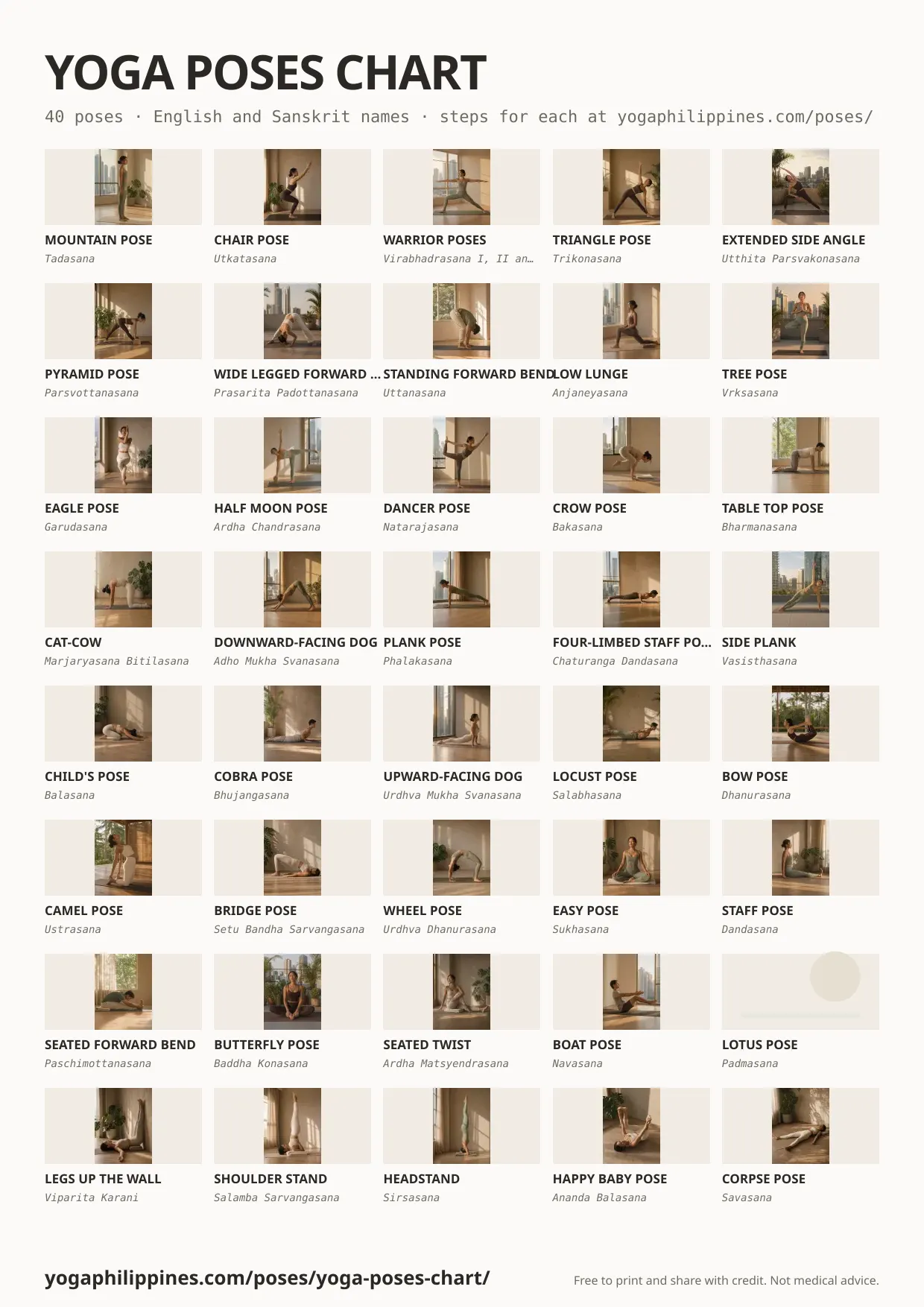 Printable A4 chart: Yoga poses chart: 40 poses on one printable page, 40 poses with English and Sanskrit names