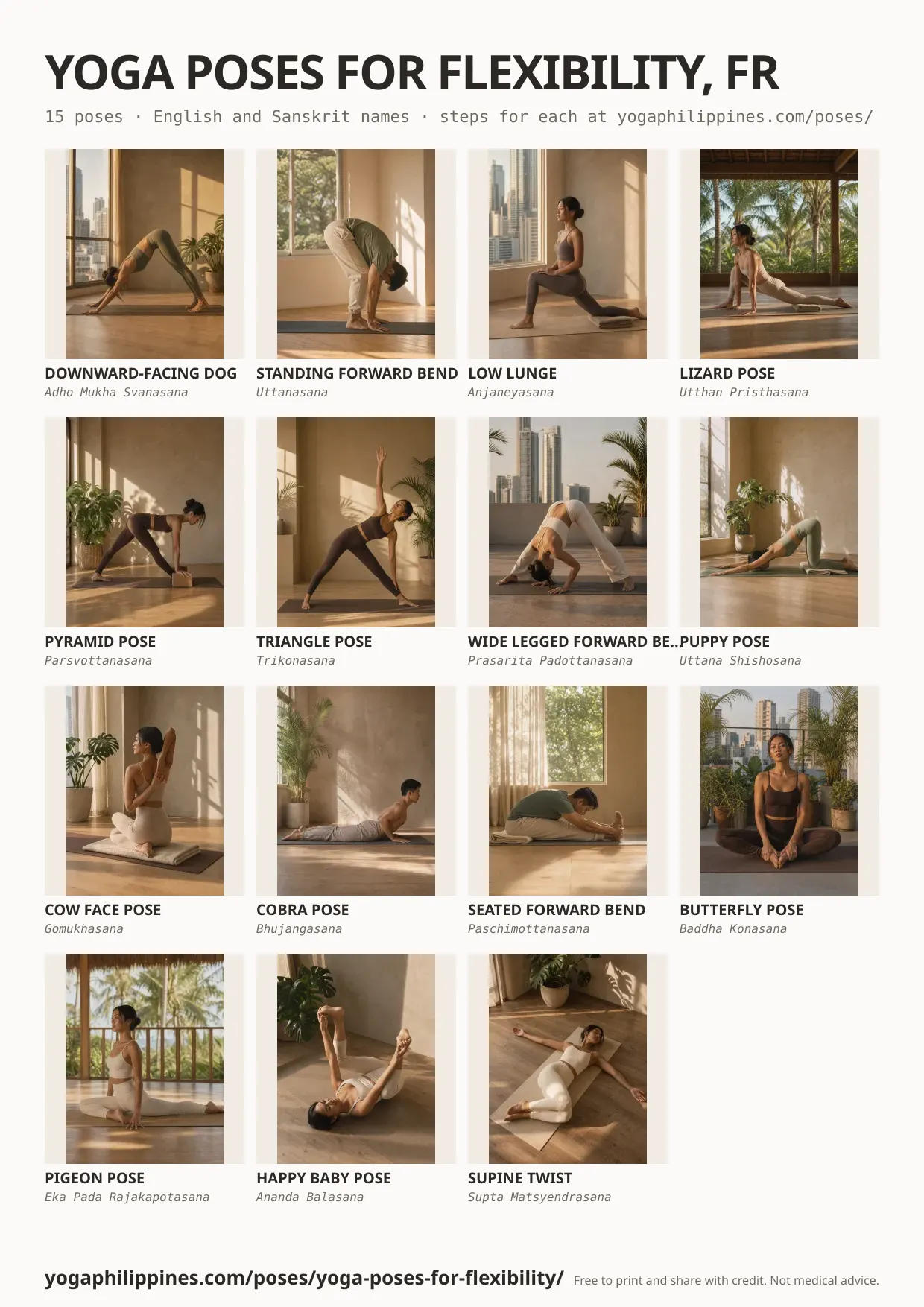 Printable A4 chart: Yoga poses for flexibility, from the hips to the shoulders, 15 poses with English and Sanskrit names