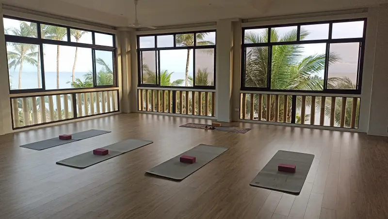 The empty yoga room at Anda Yoga Studio with mats laid out and windows facing palm trees