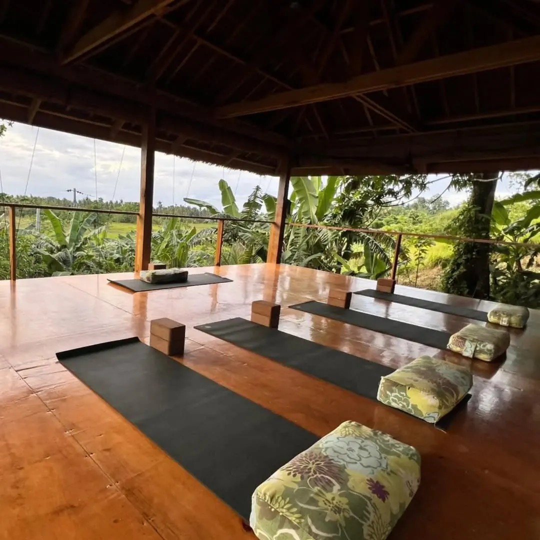 Mats and bolsters set out in the open-air shala overlooking greenery at Bodhi Yoga Center Siargao