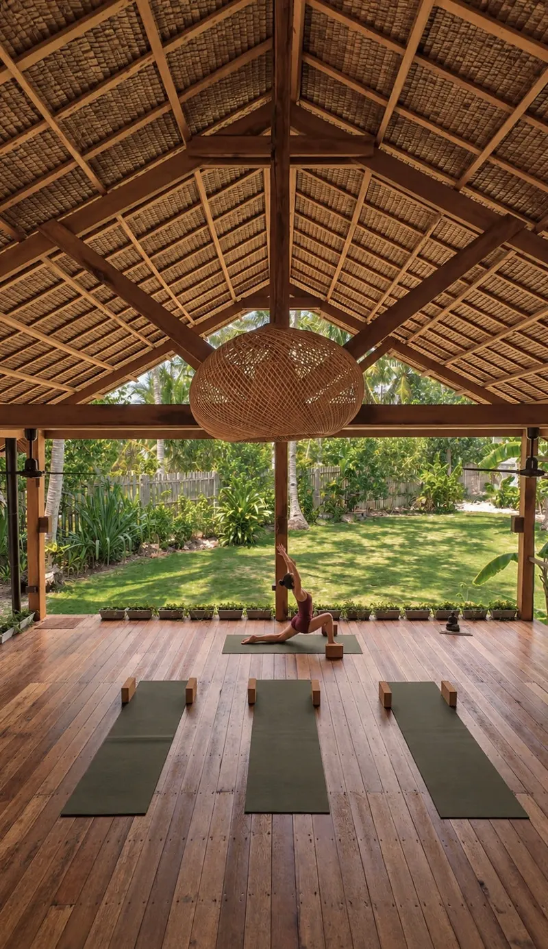 The empty open-sided shala at Buddha Wellness Siargao with mats laid out and garden beyond