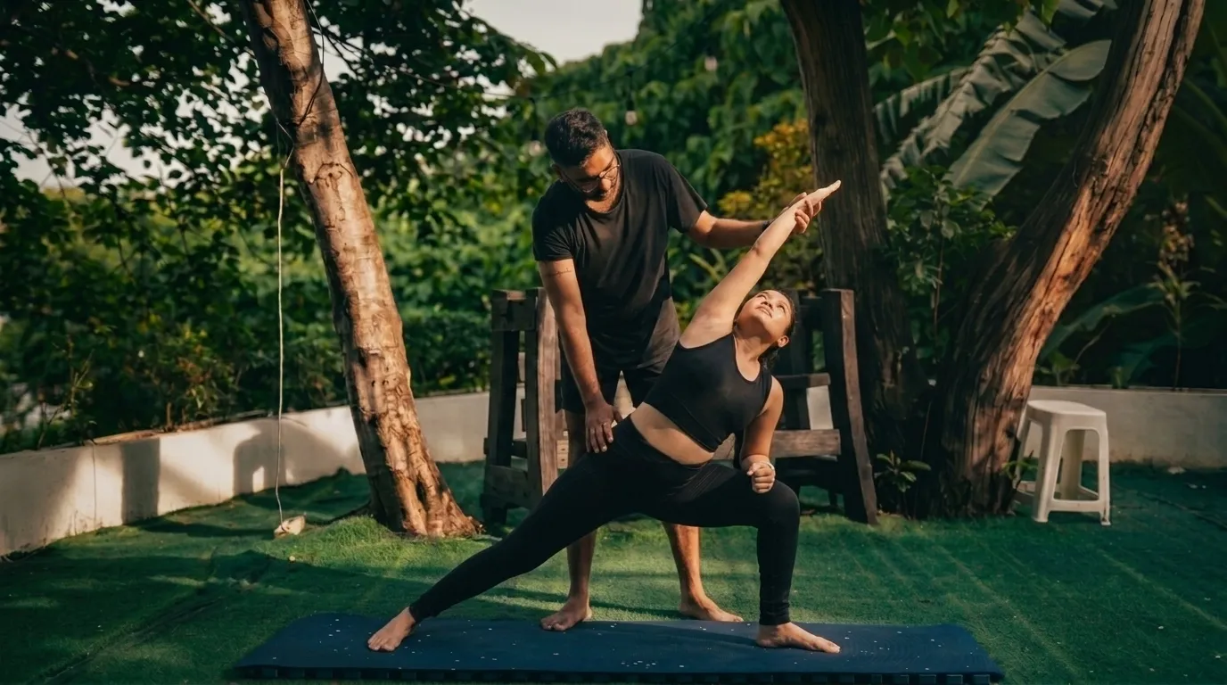 A teacher adjusting a student in extended side angle in the garden at Indian Yoga School PH