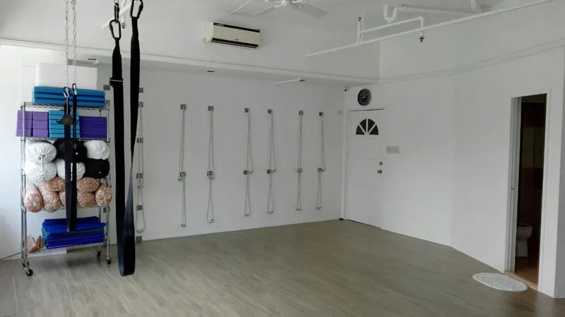 Empty Iyengar studio with wall ropes, a prop rack and white walls
