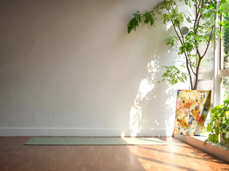 Sunlit corner of the studio with a mat, plants and a painting against the wall