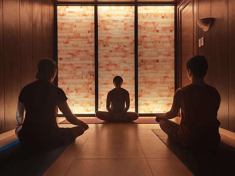 Three people meditating in silhouette in front of a glowing salt-brick wall