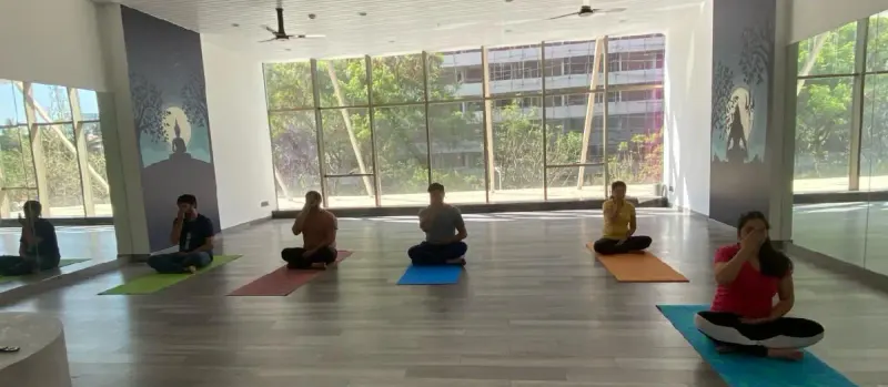 Students seated on mats in a studio with floor-to-ceiling windows