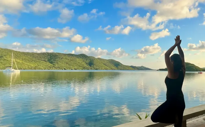 Practitioner with hands raised beside a calm bay, seen from behind